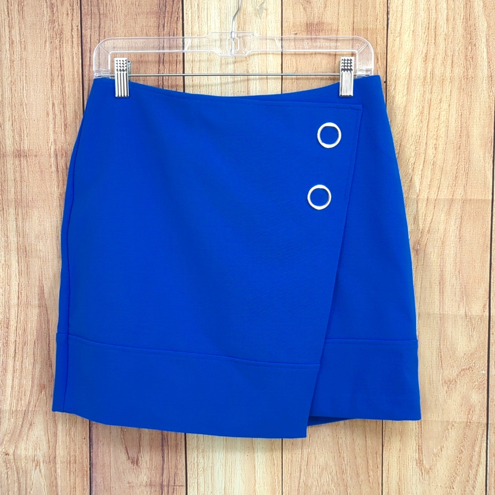 H&M Cobalt Blue Short Skirt Faux Wrap Metal Ring Decorations Sz 8